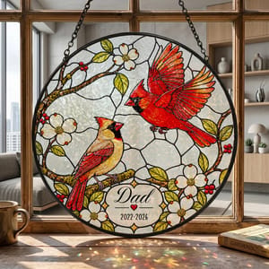 Cardinal Birds Memorial Stained Glass Suncatcher – Personalized Dad Name & Memorial Years, In Loving Memory Window Hanging, Sympathy Gift