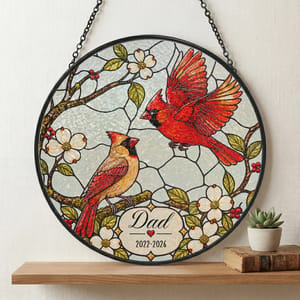 Cardinal Birds Memorial Stained Glass Suncatcher – Personalized Dad Name & Memorial Years, In Loving Memory Window Hanging, Sympathy Gift