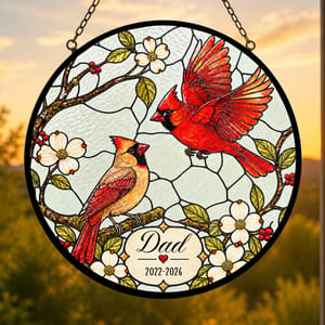 Cardinal Birds Memorial Stained Glass Suncatcher – Personalized Dad Name & Memorial Years, In Loving Memory Window Hanging, Sympathy Gift