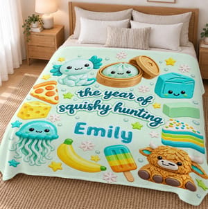 The Year of Squishy Hunting – Personalized Name Cute Squishy Characters Blanket, Kawaii Cozy Throw Blanket, Gift for Kids & Squishy Lovers