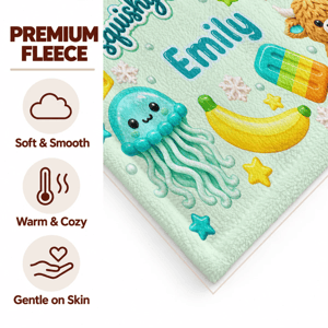 The Year of Squishy Hunting – Personalized Name Cute Squishy Characters Blanket, Kawaii Cozy Throw Blanket, Gift for Kids & Squishy Lovers