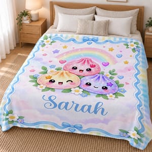 Personalized Sherpa Blanket - Custom Name Cute Dumpling Trio, Pastel Rainbow Throw Blanket