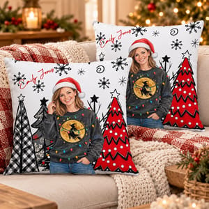 Personalized Christmas Portrait Pillow, Custom Name Festive Holiday Photo