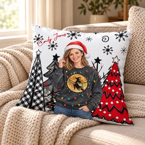 Personalized Christmas Portrait Pillow, Custom Name Festive Holiday Photo