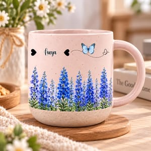 Birth Month Flower Watercolor Blue Delphinium Custom Name & Butterfly - Personalized Ceramic Mug - Birthday Gifts for Her