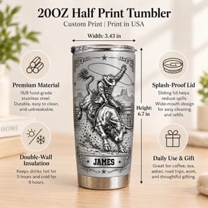 Personalized 20oz Tumbler Custom Name – Rodeo Cowboy Gift, Western Bull Riding Design Stainless Steel Travel Cup