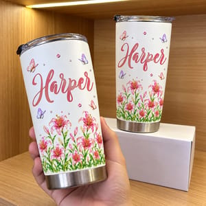 Personalized 20oz Tumbler Custom Name & Birth Flower – Floral Name Tumbler, Butterfly Flower Design Stainless Steel Travel Cup Gift