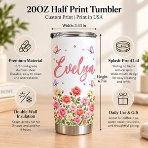 Personalized 20oz Tumbler Custom Name & Birth Flower – Floral Name Tumbler, Butterfly Flower Design Stainless Steel Travel Cup Gift