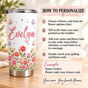 Personalized 20oz Tumbler Custom Name & Birth Flower – Floral Name Tumbler, Butterfly Flower Design Stainless Steel Travel Cup Gift