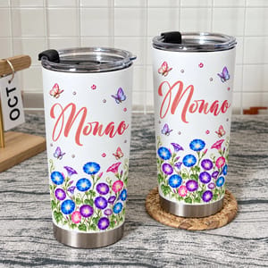 Personalized 20oz Tumbler Custom Name & Birth Flower – Floral Name Tumbler, Butterfly Flower Design Stainless Steel Travel Cup Gift