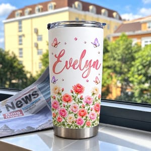 Personalized 20oz Tumbler Custom Name & Birth Flower – Floral Name Tumbler, Butterfly Flower Design Stainless Steel Travel Cup Gift