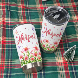 Personalized 20oz Tumbler Custom Name & Birth Flower – Floral Name Tumbler, Butterfly Flower Design Stainless Steel Travel Cup Gift