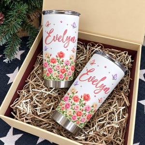 Personalized 20oz Tumbler Custom Name & Birth Flower – Floral Name Tumbler, Butterfly Flower Design Stainless Steel Travel Cup Gift