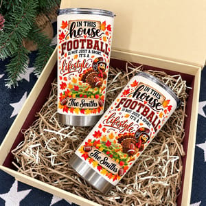 Personalized 20oz Tumbler Custom Family Name – Football Family Gift, Thanksgiving Turkey Sports Lover Stainless Steel Travel Cup