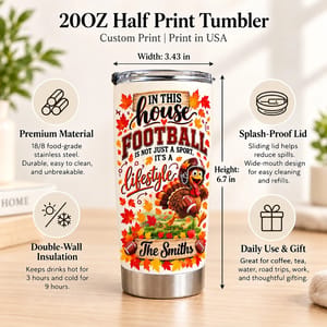 Personalized 20oz Tumbler Custom Family Name – Football Family Gift, Thanksgiving Turkey Sports Lover Stainless Steel Travel Cup
