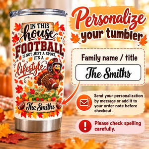 Personalized 20oz Tumbler Custom Family Name – Football Family Gift, Thanksgiving Turkey Sports Lover Stainless Steel Travel Cup