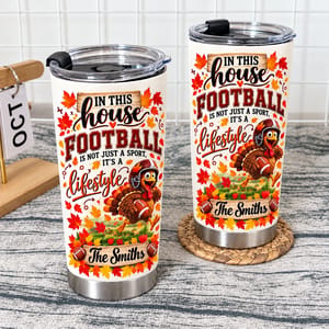 Personalized 20oz Tumbler Custom Family Name – Football Family Gift, Thanksgiving Turkey Sports Lover Stainless Steel Travel Cup