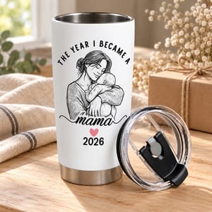 Custom Photo Mama Tumbler 20oz, Personalized Mother Baby Travel Cup with Year, New Mom Keepsake, Motherhood Gift for Mom