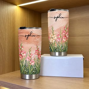 Personalized Pink Flower Tumbler 20oz Custom Name, Gladiolus Floral Travel Cup, Elegant Botanical Gift for Her