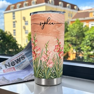 Personalized Pink Flower Tumbler 20oz Custom Name, Gladiolus Floral Travel Cup, Elegant Botanical Gift for Her