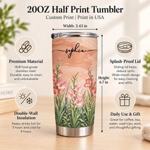 Personalized Pink Flower Tumbler 20oz Custom Name, Gladiolus Floral Travel Cup, Elegant Botanical Gift for Her