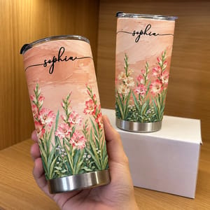 Personalized Pink Flower Tumbler 20oz Custom Name, Gladiolus Floral Travel Cup, Elegant Botanical Gift for Her