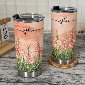 Personalized Pink Flower Tumbler 20oz Custom Name, Gladiolus Floral Travel Cup, Elegant Botanical Gift for Her