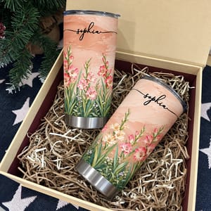Personalized Pink Flower Tumbler 20oz Custom Name, Gladiolus Floral Travel Cup, Elegant Botanical Gift for Her