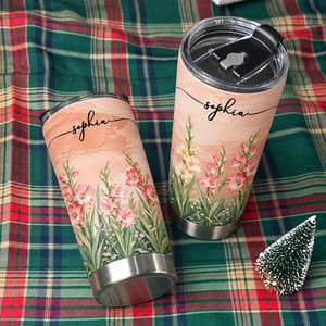 Personalized Pink Flower Tumbler 20oz Custom Name, Gladiolus Floral Travel Cup, Elegant Botanical Gift for Her