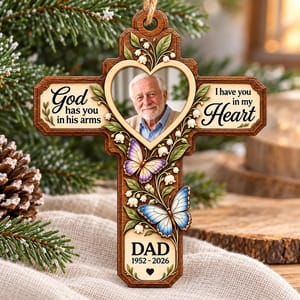Personalized Wood Shaped Christmas Ornament Custom Name – Memorial Dad Photo Keepsake, Christian Cross In Loving Memory Holiday Tree Decor Gift
