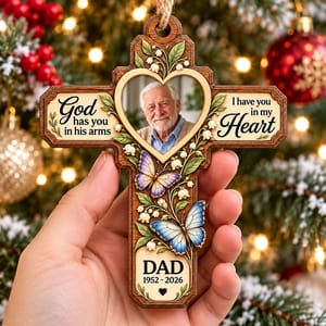 Personalized Wood Shaped Christmas Ornament Custom Name – Memorial Dad Photo Keepsake, Christian Cross In Loving Memory Holiday Tree Decor Gift