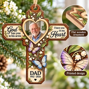 Personalized Wood Shaped Christmas Ornament Custom Name – Memorial Dad Photo Keepsake, Christian Cross In Loving Memory Holiday Tree Decor Gift