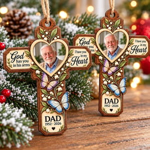Personalized Wood Shaped Christmas Ornament Custom Name – Memorial Dad Photo Keepsake, Christian Cross In Loving Memory Holiday Tree Decor Gift
