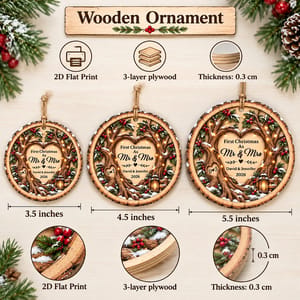 Custom Couple Names Wooden Christmas Ornament - Rustic Heart Tree Design