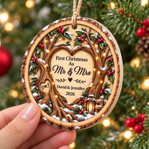 Custom Couple Names Wooden Christmas Ornament - Rustic Heart Tree Design