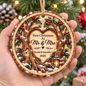 Custom Couple Names Wooden Christmas Ornament - Rustic Heart Tree Design
