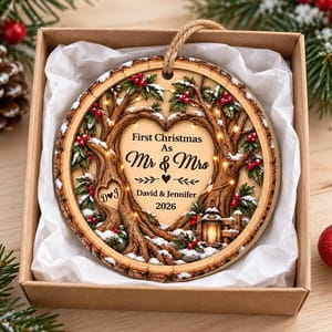 Custom Couple Names Wooden Christmas Ornament - Rustic Heart Tree Design