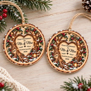 Custom Couple Names Wooden Christmas Ornament - Rustic Heart Tree Design