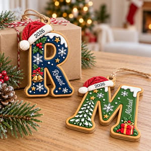 Personalized Wooden Letter Christmas Ornament Custom Name Year Monogram Initial Christmas Gift