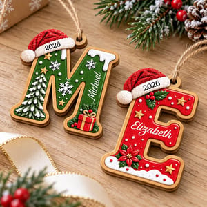 Personalized Wooden Letter Christmas Ornament Custom Name Year Monogram Initial Christmas Gift