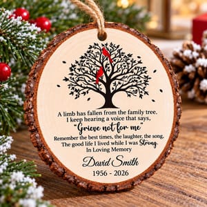 Personalized Wood Memorial Christmas Ornament - Custom Name and Years Cardinal Family Tree Sympathy
