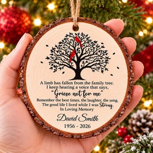 Personalized Wood Memorial Christmas Ornament - Custom Name and Years Cardinal Family Tree Sympathy