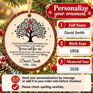 Personalized Wood Memorial Christmas Ornament - Custom Name and Years Cardinal Family Tree Sympathy