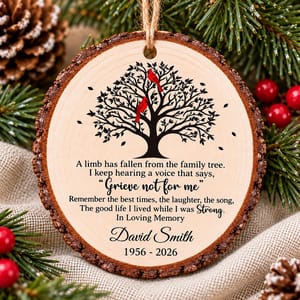Personalized Wood Memorial Christmas Ornament - Custom Name and Years Cardinal Family Tree Sympathy