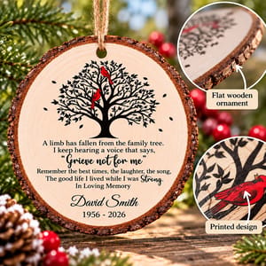 Personalized Wood Memorial Christmas Ornament - Custom Name and Years Cardinal Family Tree Sympathy
