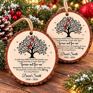 Personalized Wood Memorial Christmas Ornament - Custom Name and Years Cardinal Family Tree Sympathy