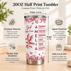 Personalized 20oz Tumbler Custom Name and Birth Flower – Christian Faith Gift, God Says I Am Inspirational Floral Stainless Steel Travel Cup