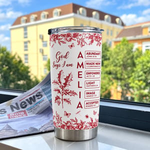 Personalized 20oz Tumbler Custom Name and Birth Flower – Christian Faith Gift, God Says I Am Inspirational Floral Stainless Steel Travel Cup