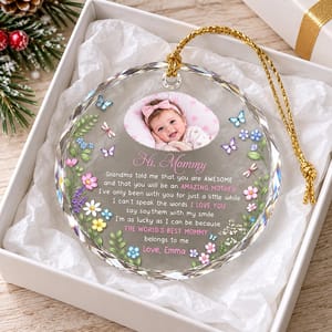 Personalized Round Glass Christmas Ornament Custom Baby Name and Photo – Baby to Mommy Keepsake, First Christmas Holiday Tree Decor Gift