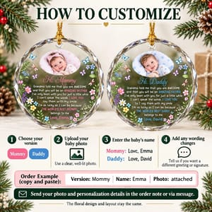 Personalized Round Glass Christmas Ornament Custom Baby Name and Photo – Baby to Mommy Keepsake, First Christmas Holiday Tree Decor Gift
